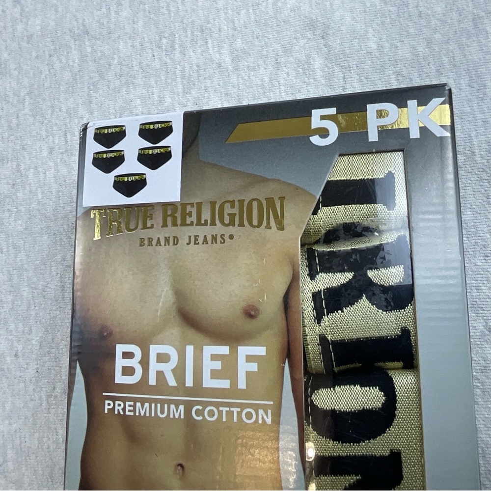 True Religion 100% Cotton Men's Briefs 5 Pack Color: Black and Gold